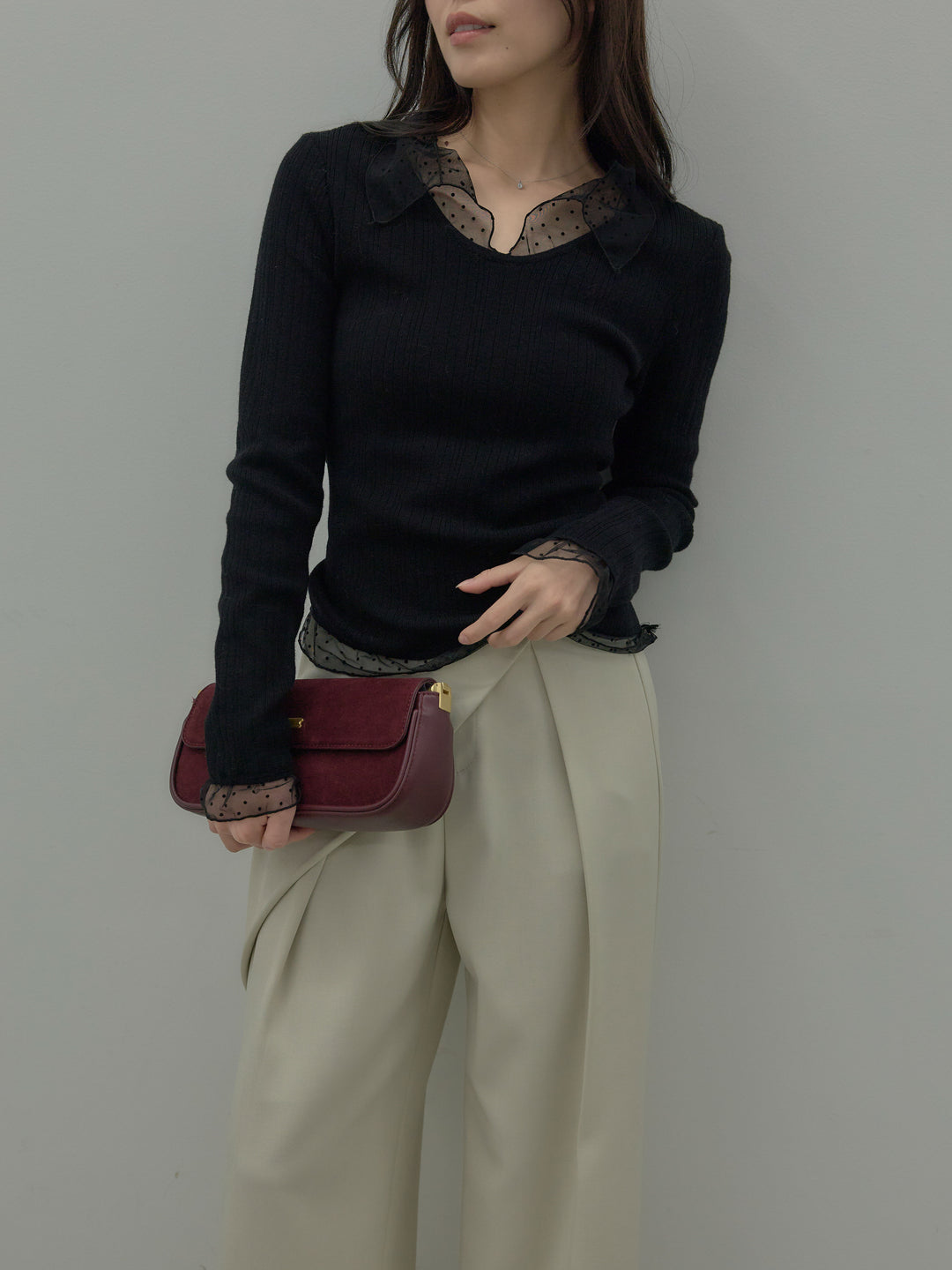 【SET】ドットチュールデザインニットトップス +ウエストラップワイドパンツ(2set)