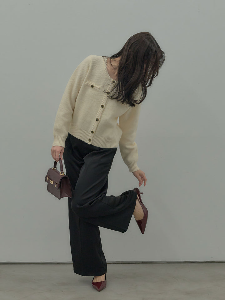 【SET】ゴールドボタンニットカーディガン+【Essential】センタープレスサテンパンツ(2set)