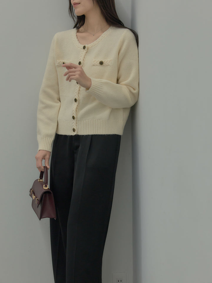 【SET】ゴールドボタンニットカーディガン+【Essential】センタープレスサテンパンツ(2set)