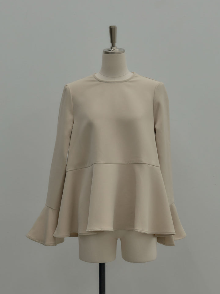 ラウンドネックベルスリーブペプラムブラウス