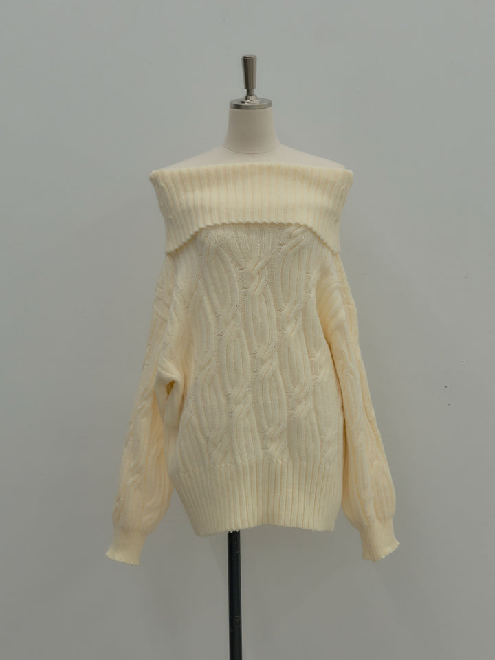 ケーブル編みルーズオフショルニットプルオーバー