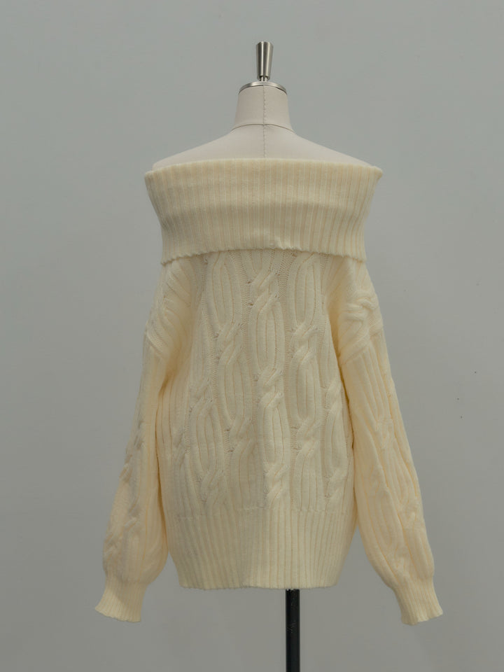 ケーブル編みルーズオフショルニットプルオーバー