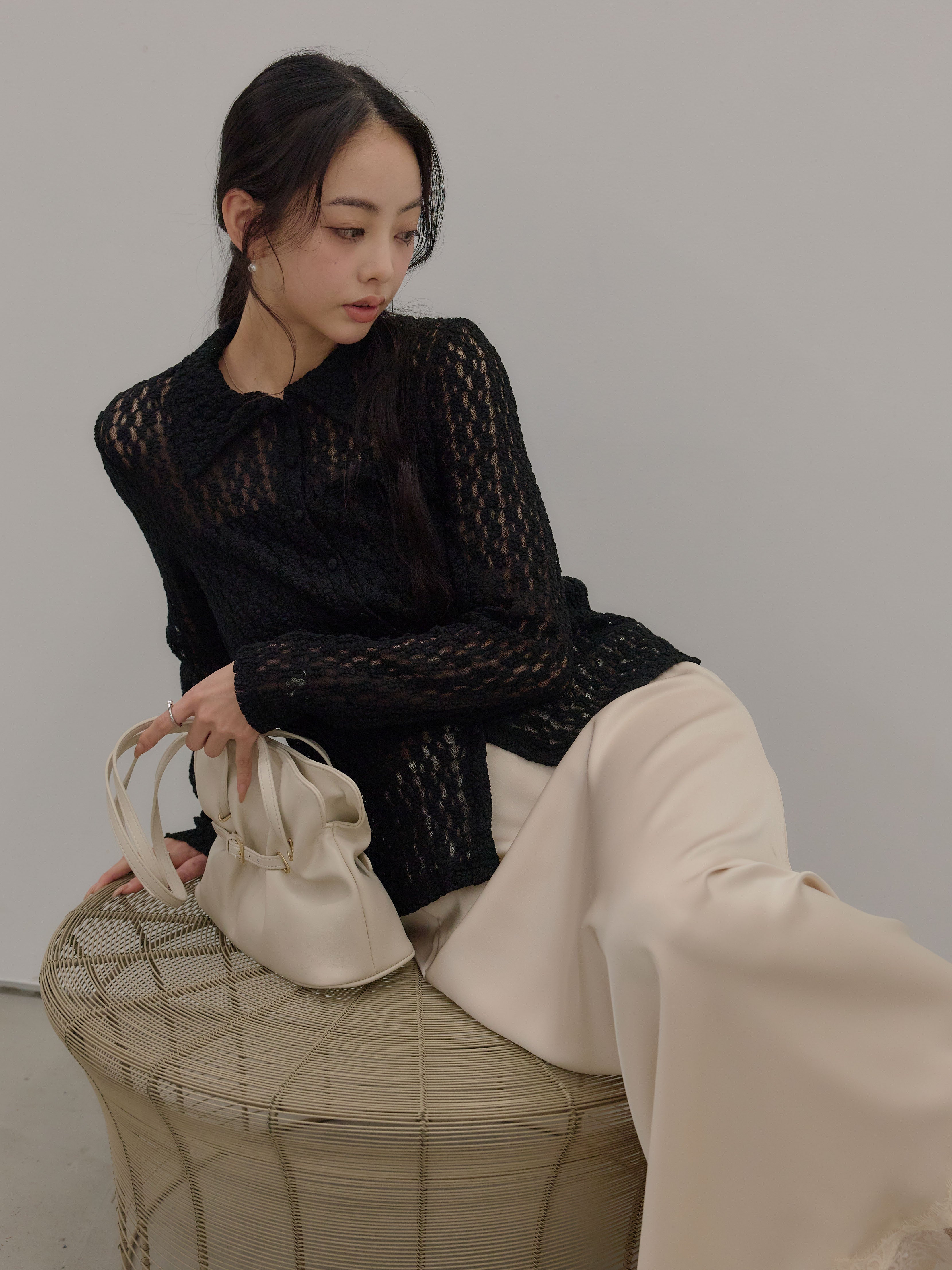 SET】透かし編み襟つきニットトップス+裾レースサテンナロースカート
