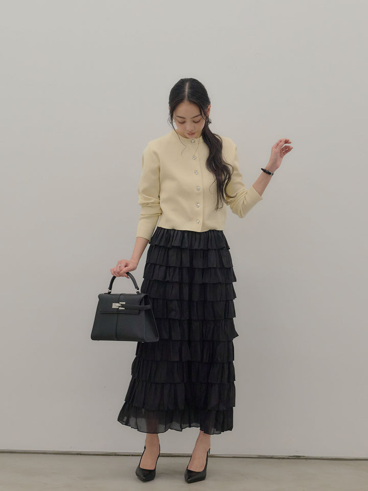 【SET】シルバーボタンコンパクトニットカーディガン+バイカラーフリルチュールスカート(2set)