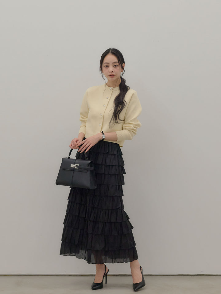 【SET】シルバーボタンコンパクトニットカーディガン+バイカラーフリルチュールスカート(2set)