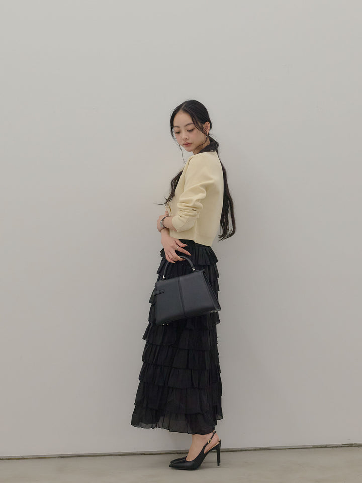 【SET】シルバーボタンコンパクトニットカーディガン+バイカラーフリルチュールスカート(2set)