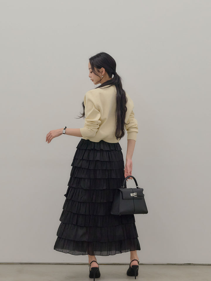 【SET】シルバーボタンコンパクトニットカーディガン+バイカラーフリルチュールスカート(2set)