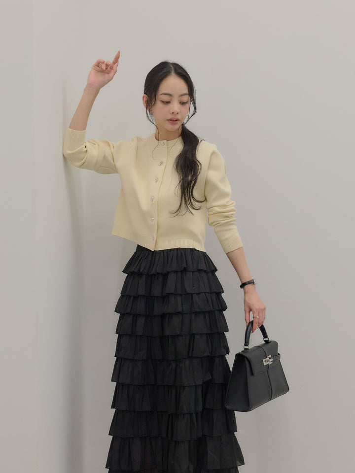 【SET】シルバーボタンコンパクトニットカーディガン+バイカラーフリルチュールスカート(2set)