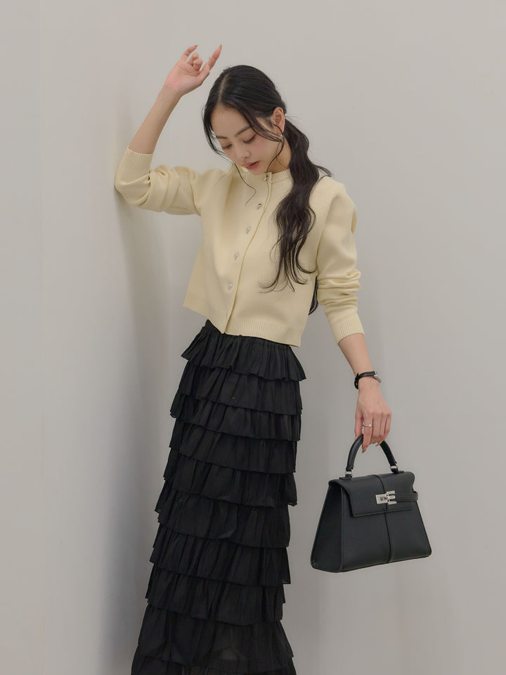 【SET】シルバーボタンコンパクトニットカーディガン+バイカラーフリルチュールスカート(2set)