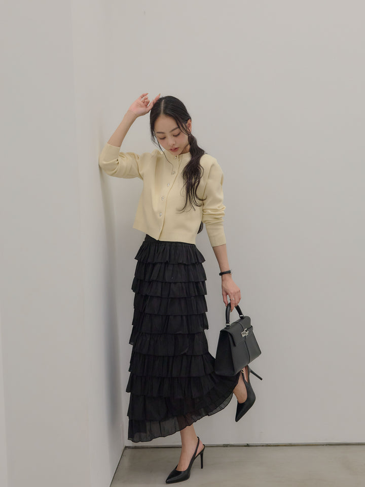 【SET】シルバーボタンコンパクトニットカーディガン+バイカラーフリルチュールスカート(2set)