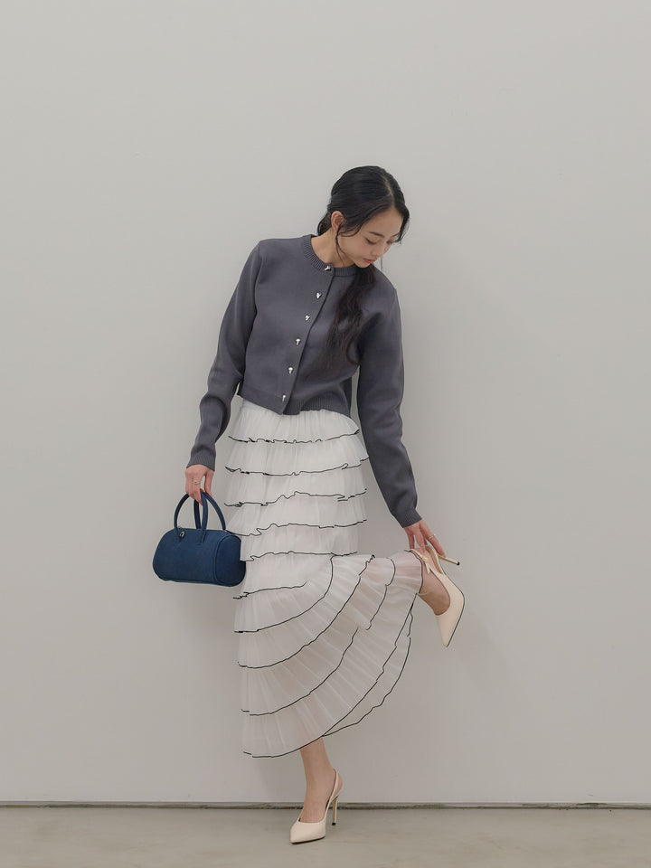 【SET】シルバーボタンコンパクトニットカーディガン+バイカラーフリルチュールスカート(2set)