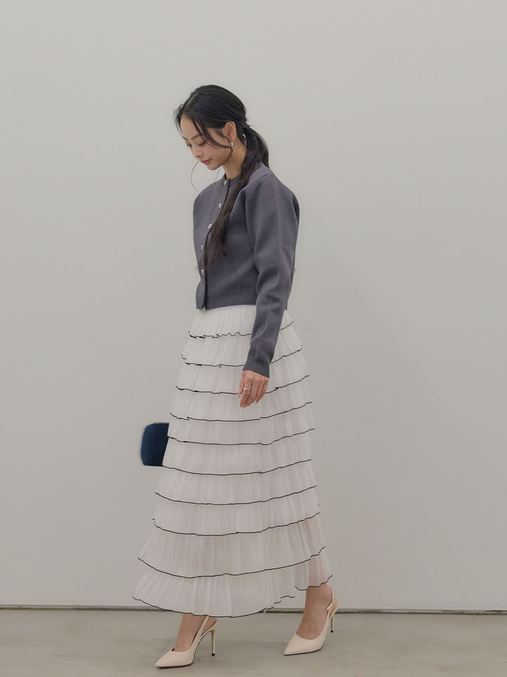 【SET】シルバーボタンコンパクトニットカーディガン+バイカラーフリルチュールスカート(2set)