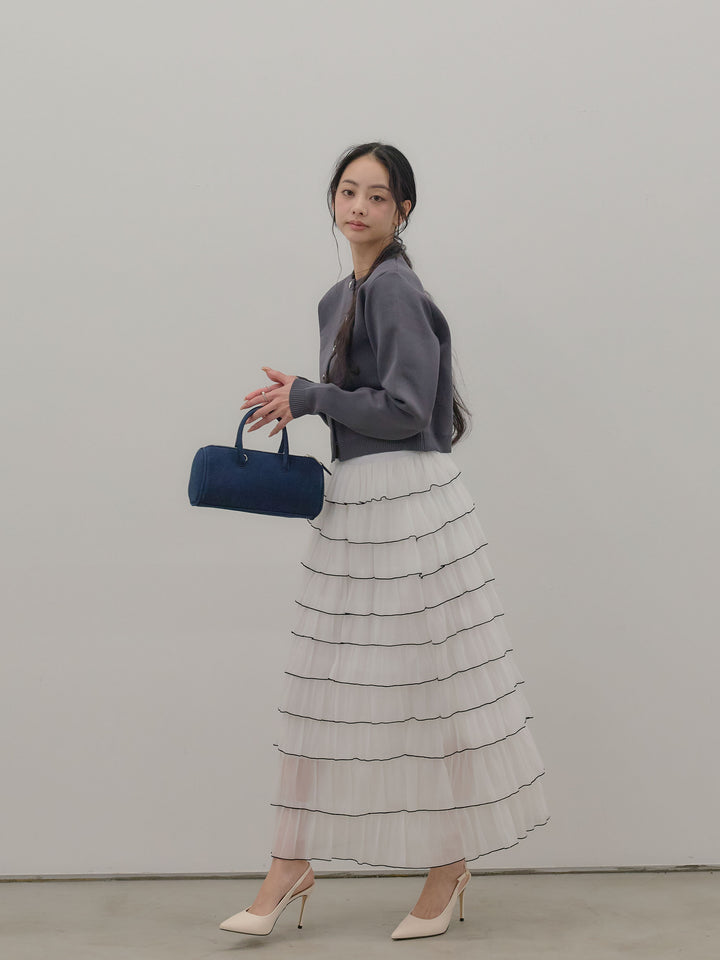 【SET】シルバーボタンコンパクトニットカーディガン+バイカラーフリルチュールスカート(2set)