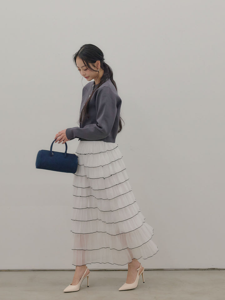 【SET】シルバーボタンコンパクトニットカーディガン+バイカラーフリルチュールスカート(2set)