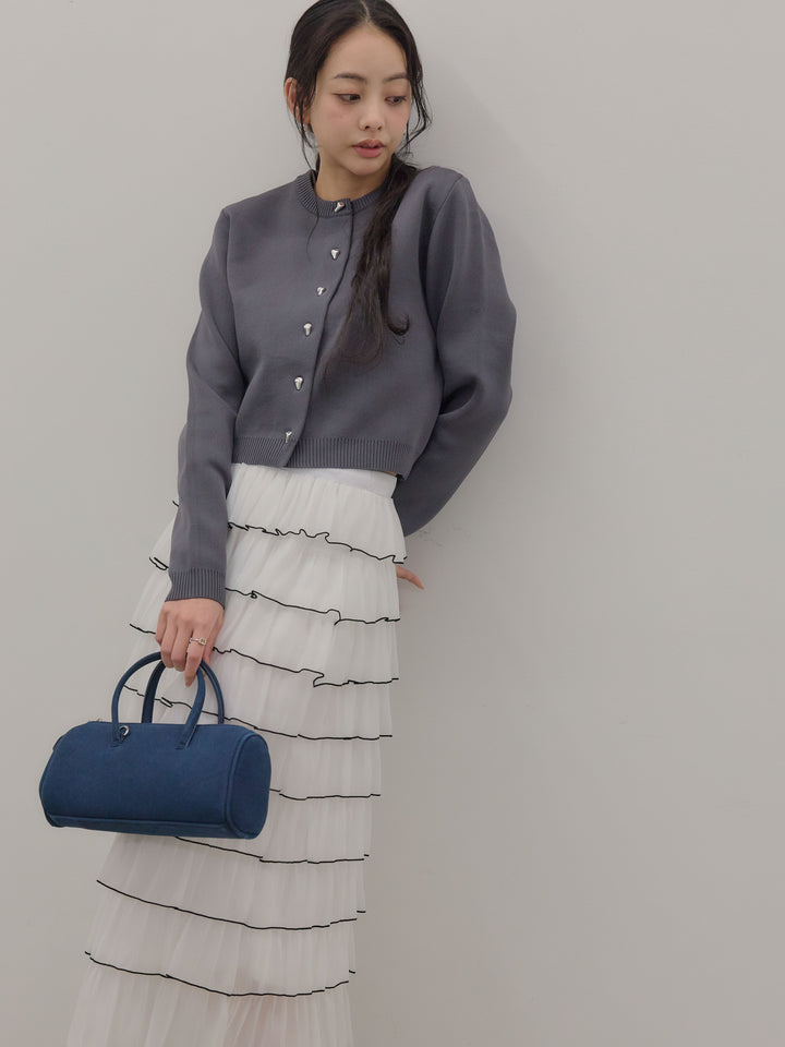 【SET】シルバーボタンコンパクトニットカーディガン+バイカラーフリルチュールスカート(2set)