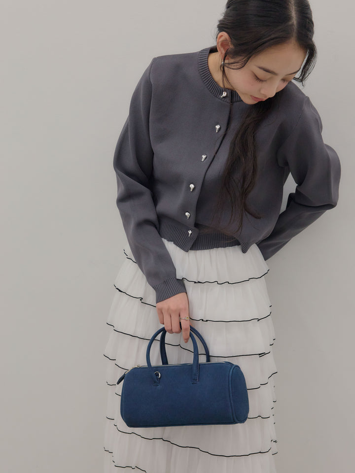 【SET】シルバーボタンコンパクトニットカーディガン+バイカラーフリルチュールスカート(2set)