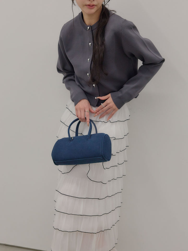 【SET】シルバーボタンコンパクトニットカーディガン+バイカラーフリルチュールスカート(2set)