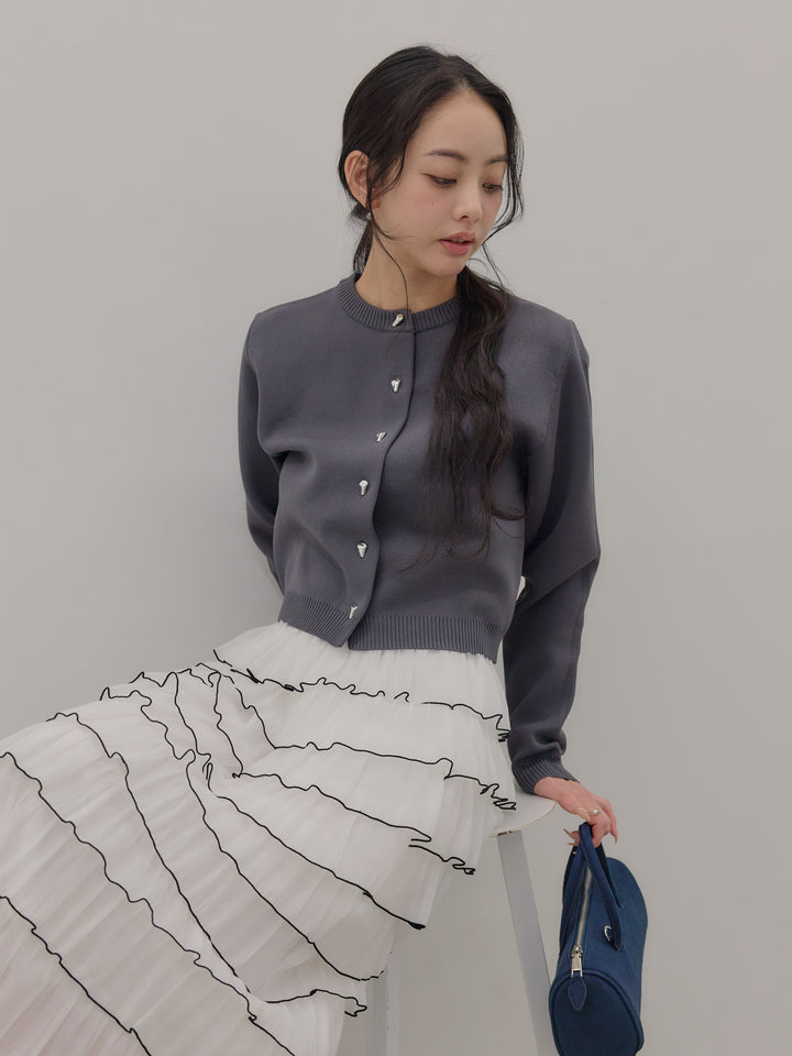 【SET】シルバーボタンコンパクトニットカーディガン+バイカラーフリルチュールスカート(2set)