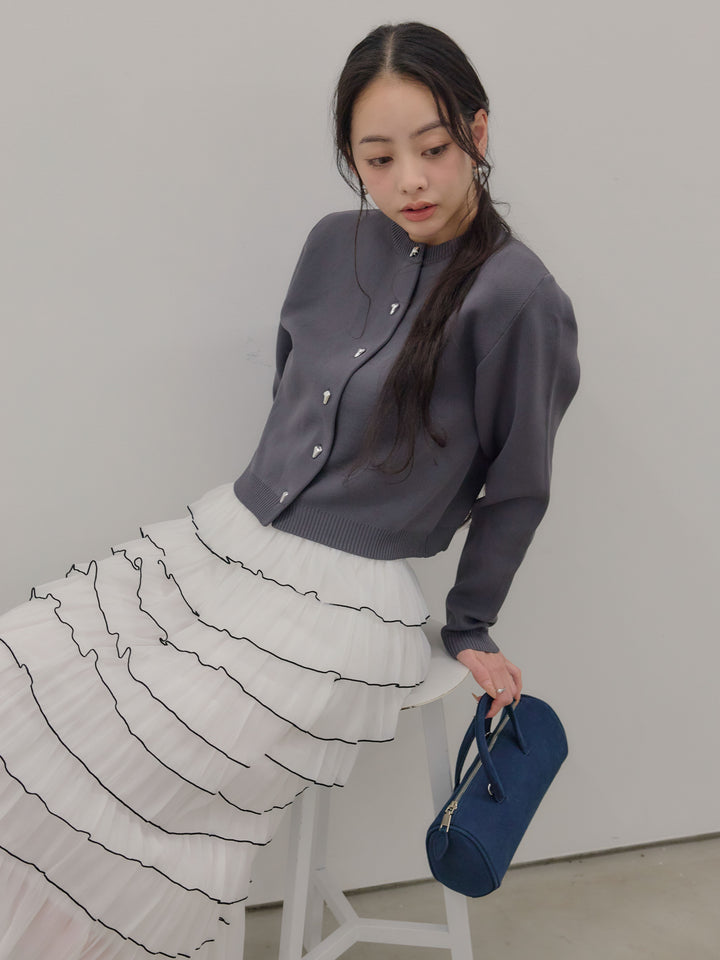 【SET】シルバーボタンコンパクトニットカーディガン+バイカラーフリルチュールスカート(2set)