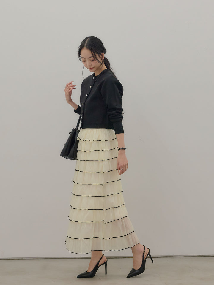 【SET】シルバーボタンコンパクトニットカーディガン+バイカラーフリルチュールスカート(2set)