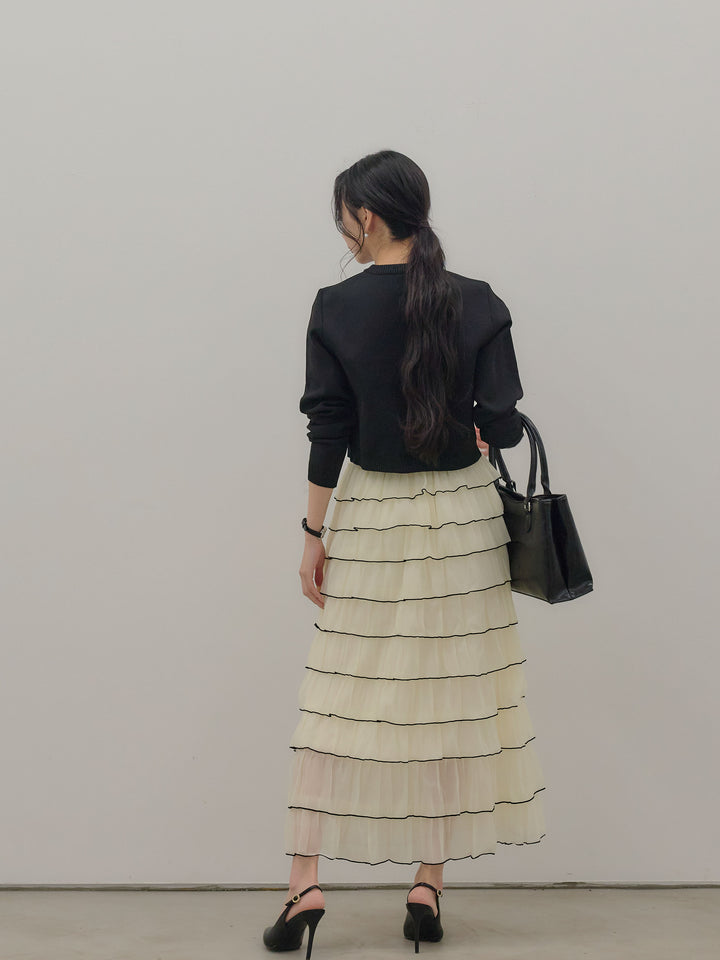 【SET】シルバーボタンコンパクトニットカーディガン+バイカラーフリルチュールスカート(2set)