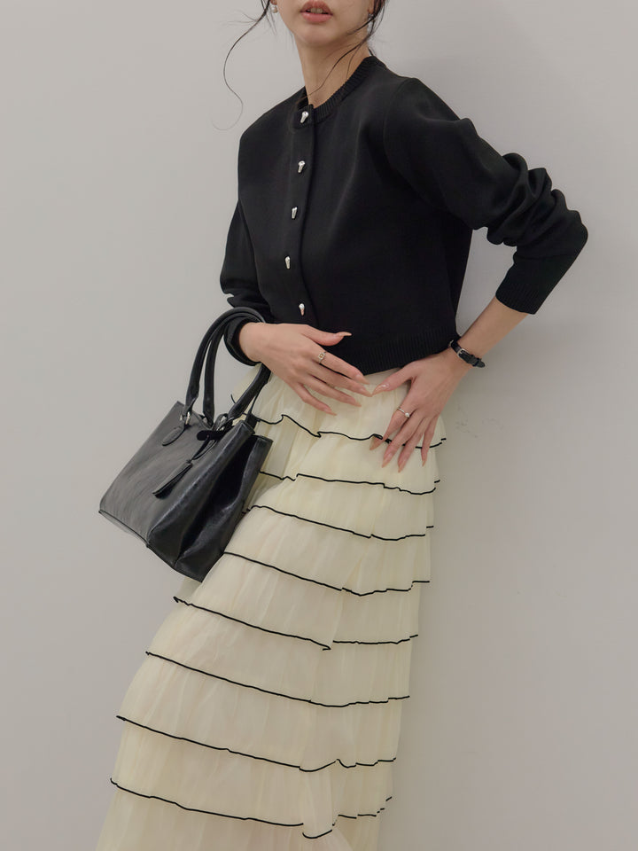 【SET】シルバーボタンコンパクトニットカーディガン+バイカラーフリルチュールスカート(2set)