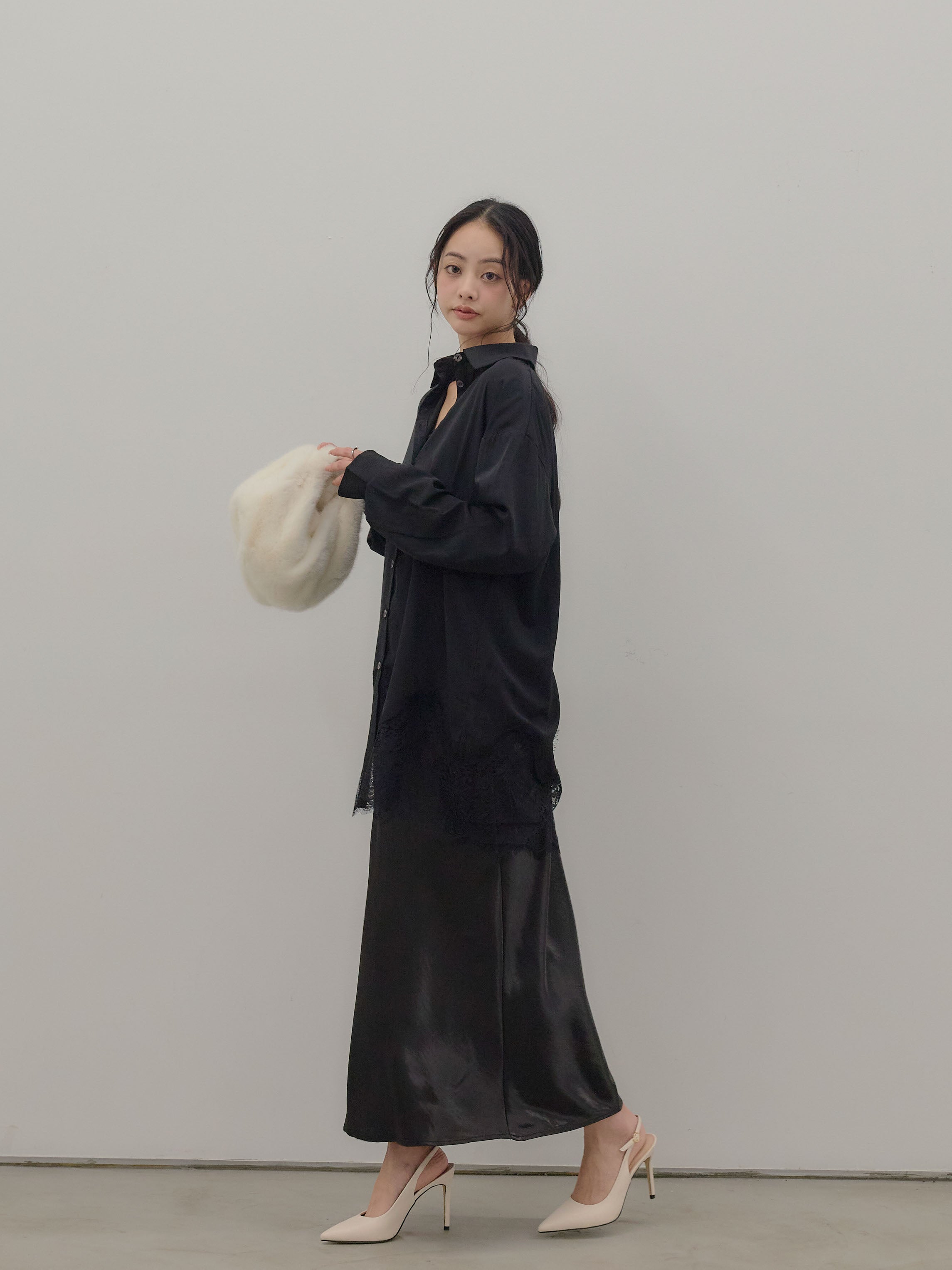 SET】裾レースグロッシーシャツチュニック+リュクスAラインサテン