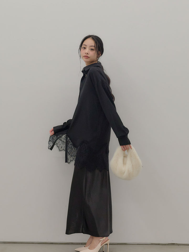裾レースグロッシーシャツチュニック