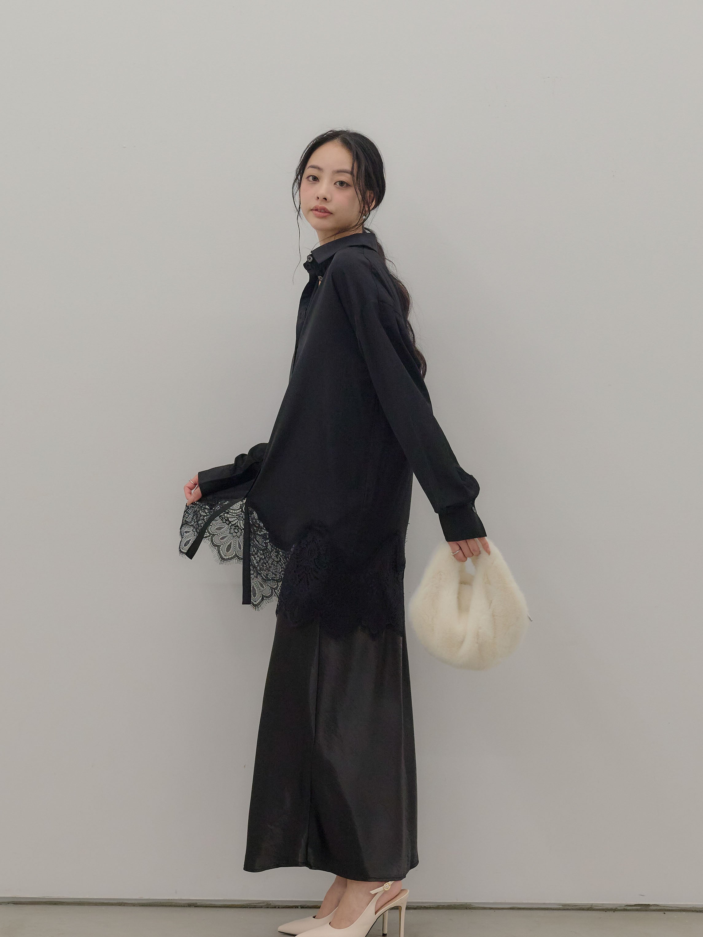 SET】裾レースグロッシーシャツチュニック+リュクスAラインサテン
