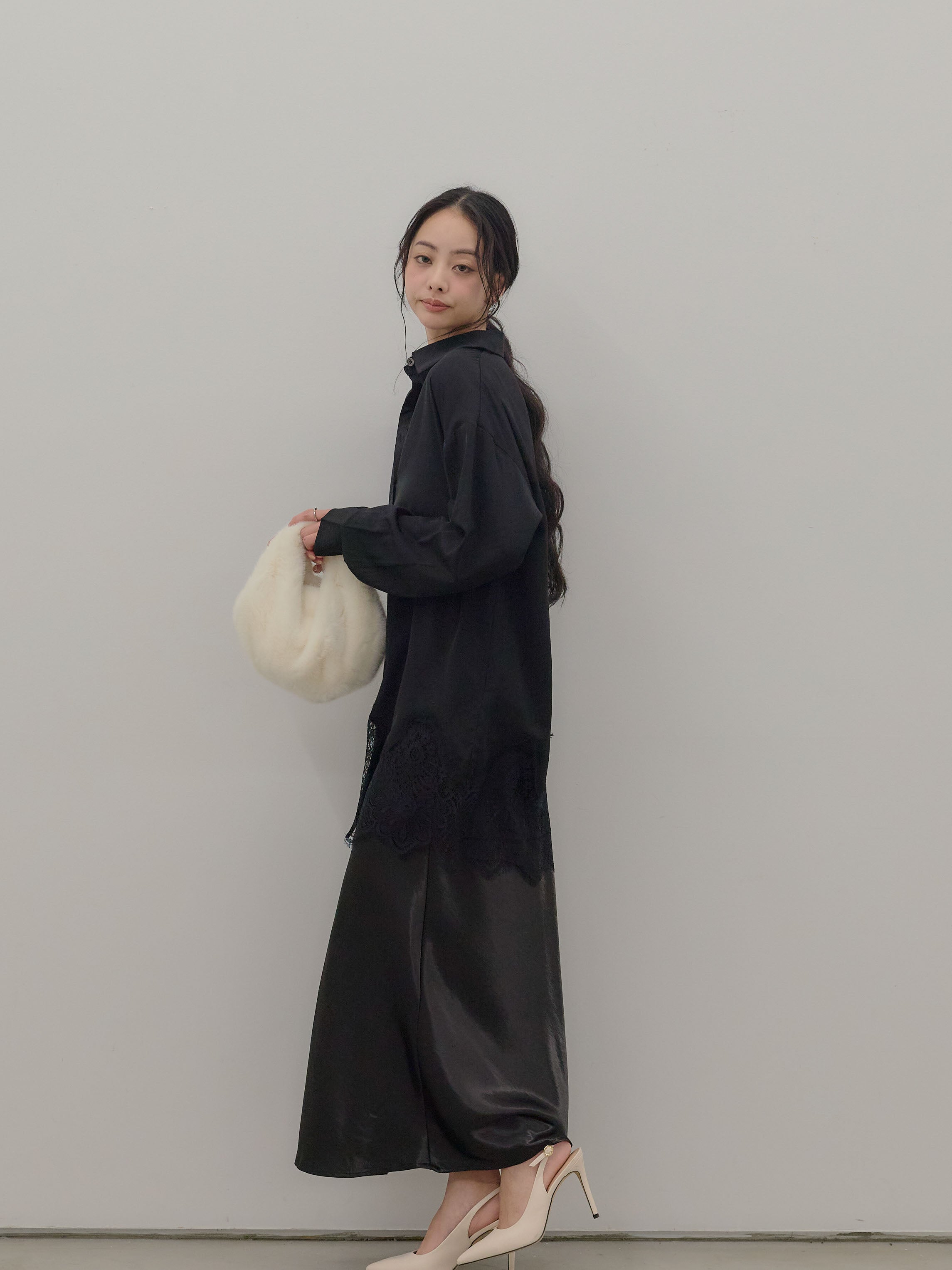 SET】裾レースグロッシーシャツチュニック+リュクスAラインサテン