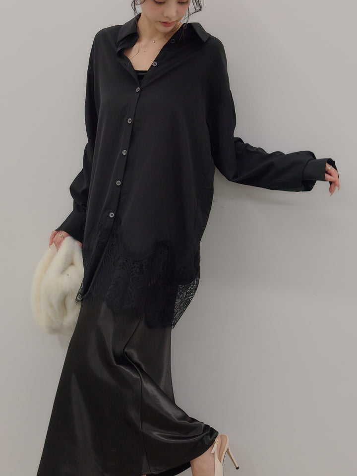 裾レースグロッシーシャツチュニック
