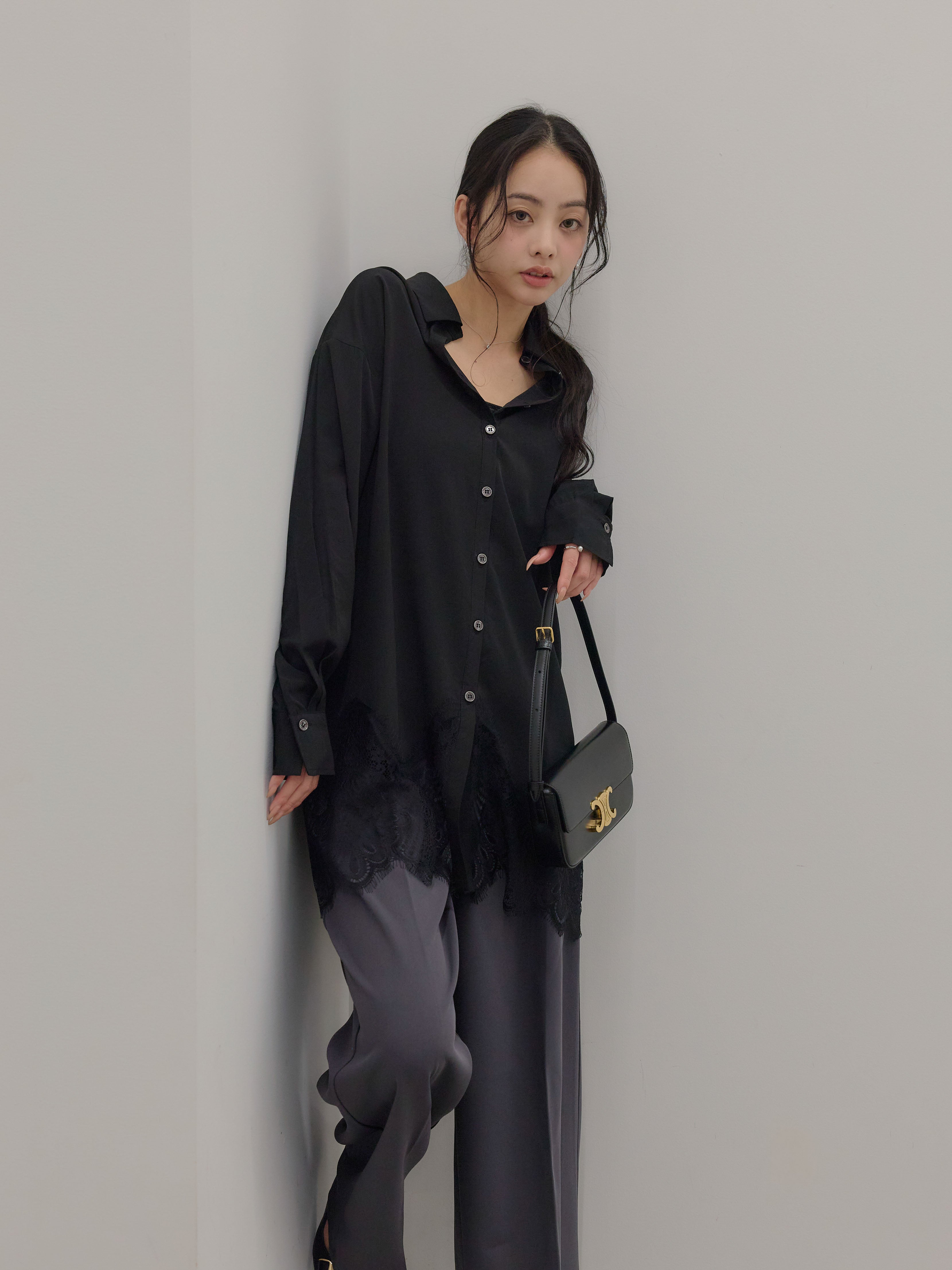 SET】裾レースグロッシーシャツチュニック+ハイウエストセンタープレス