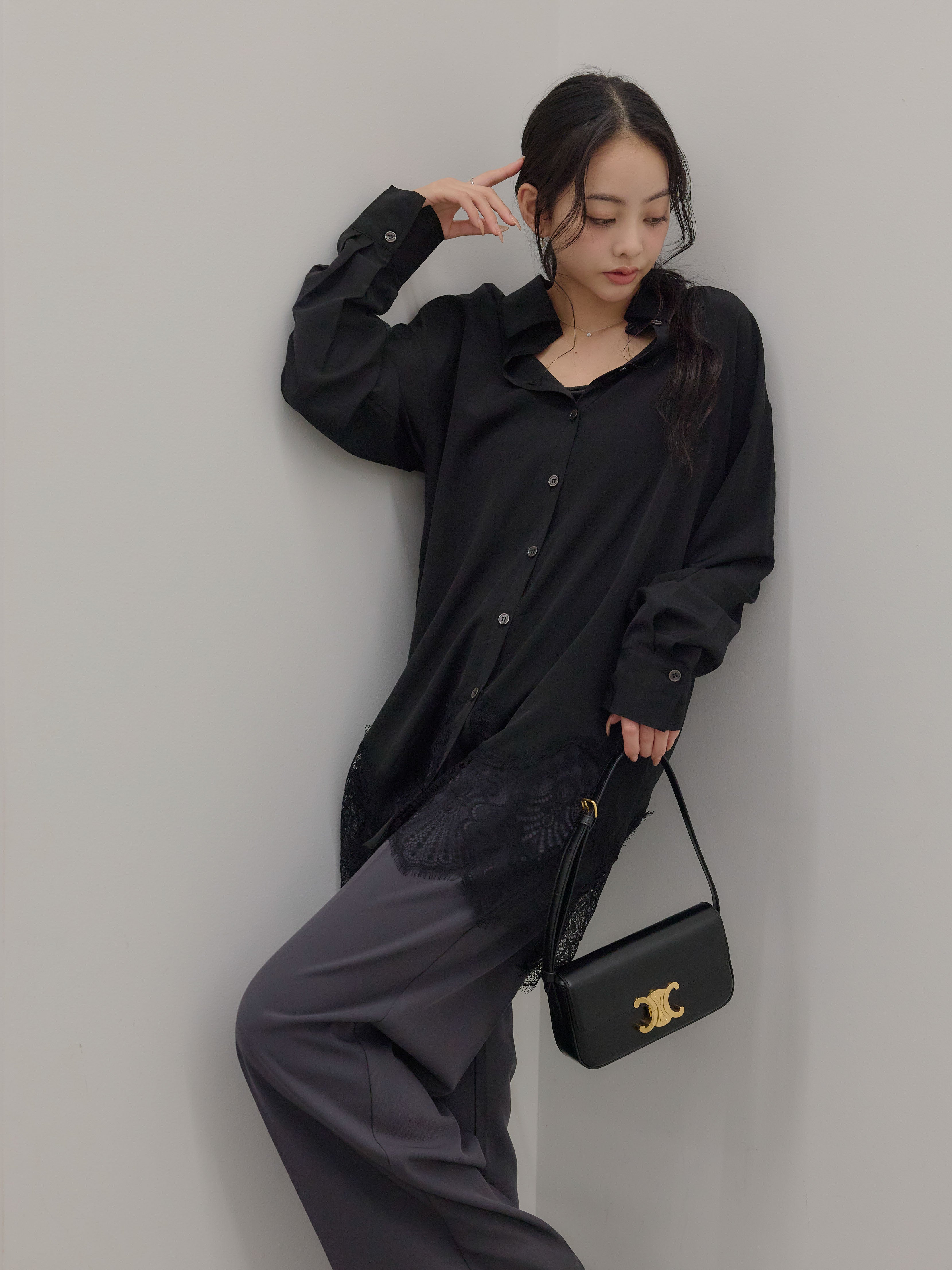 SET】裾レースグロッシーシャツチュニック+ハイウエストセンタープレス