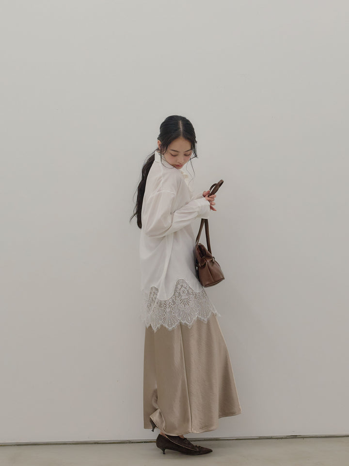 裾レースグロッシーシャツチュニック