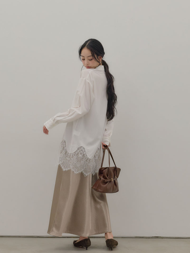 【SET】裾レースグロッシーシャツチュニック+リュクスAラインサテンスカート(2set)
