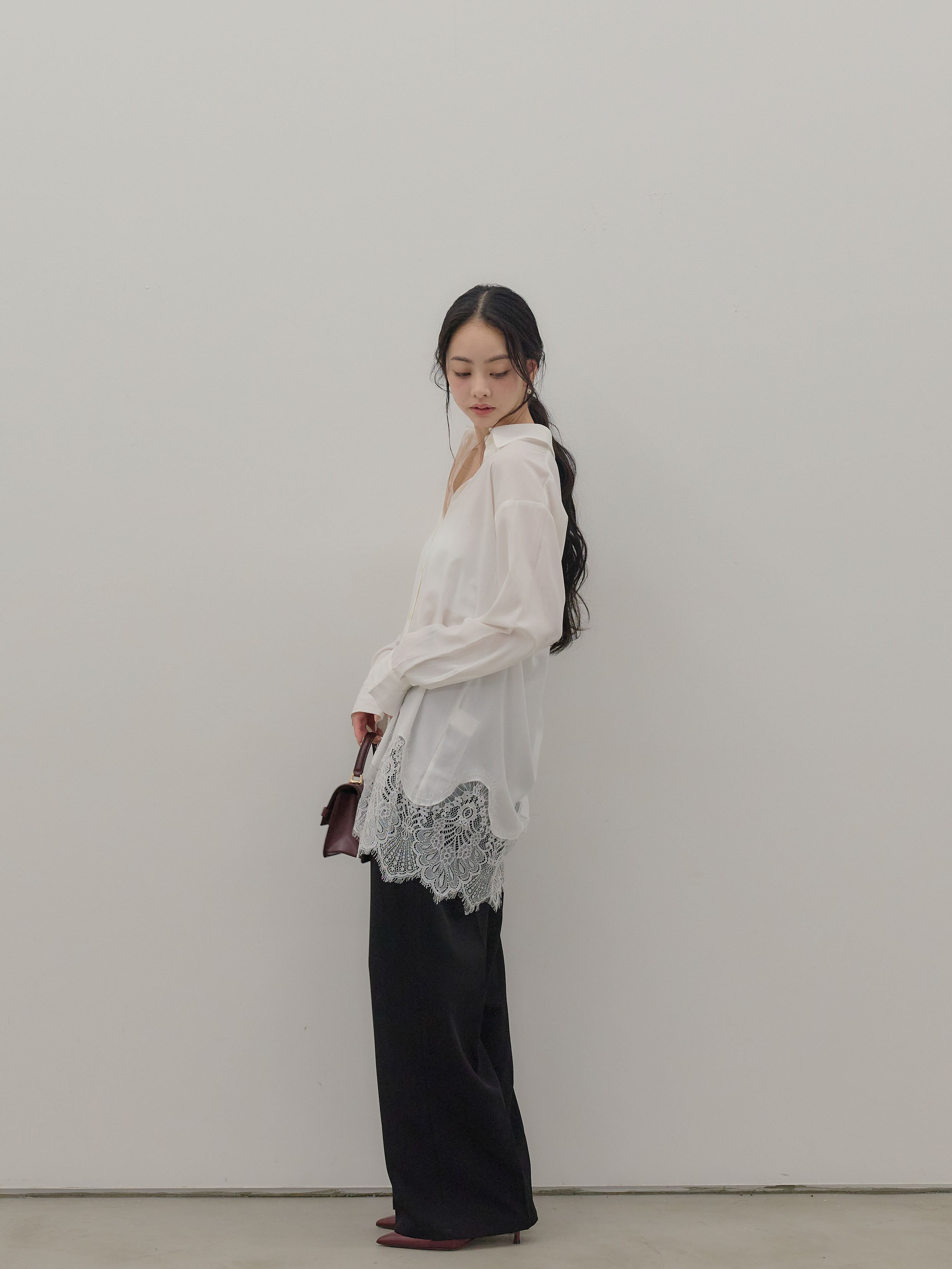 SET】裾レースグロッシーシャツチュニック+ハイウエストセンタープレス