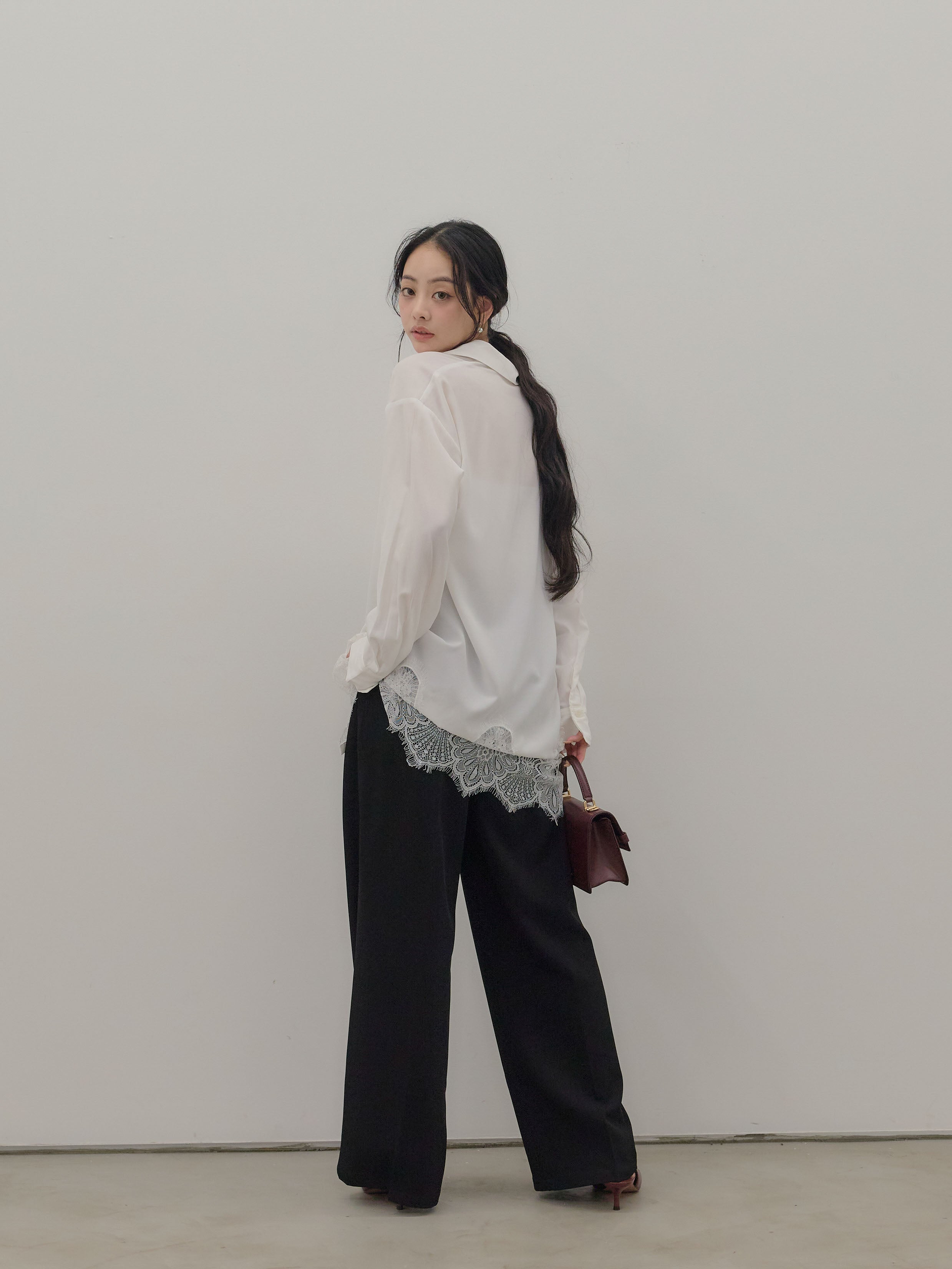 SET】裾レースグロッシーシャツチュニック+ハイウエストセンタープレス