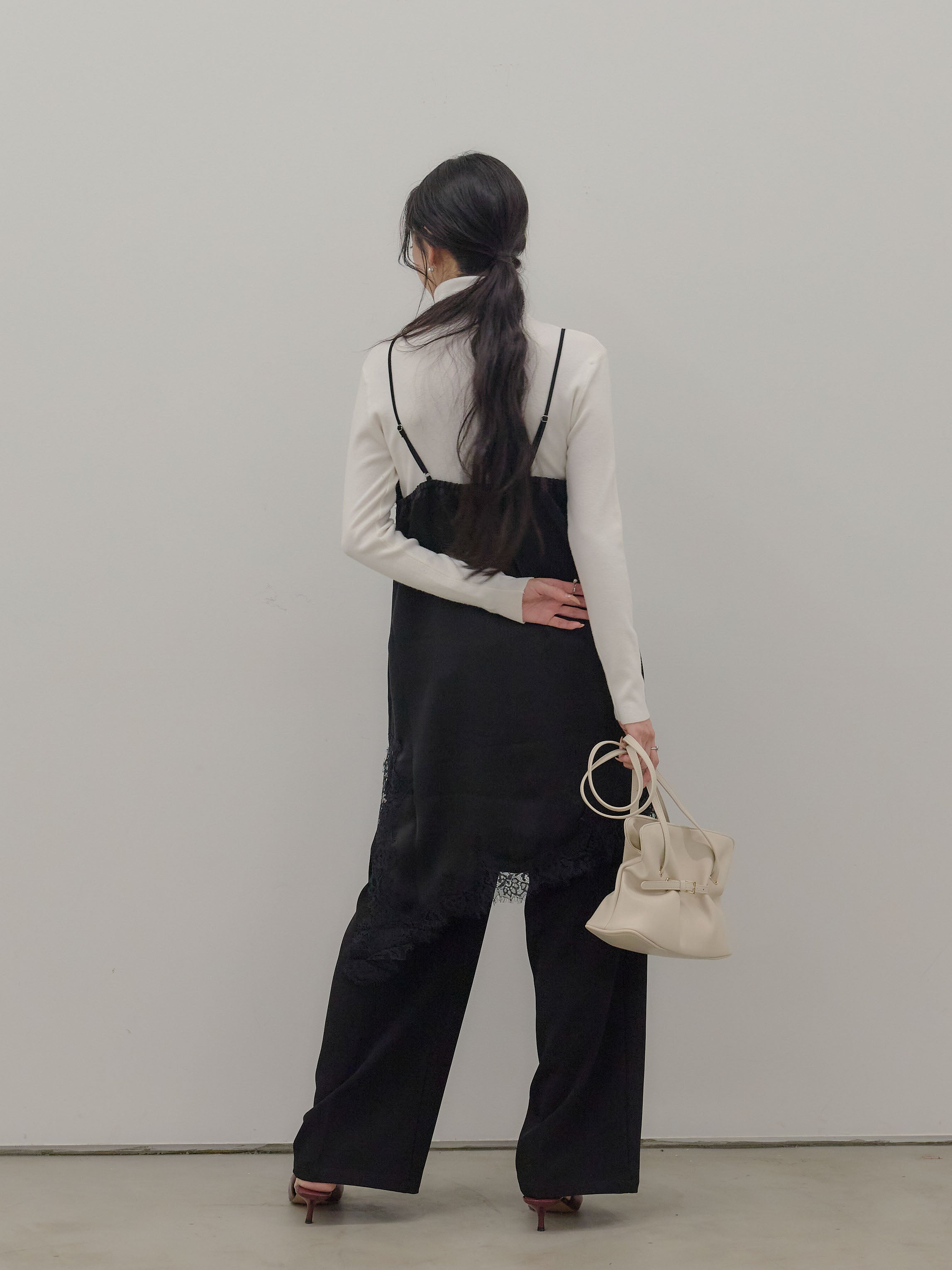 SET】ベーシックリブタートルネック+アシンメトリーサテンレース