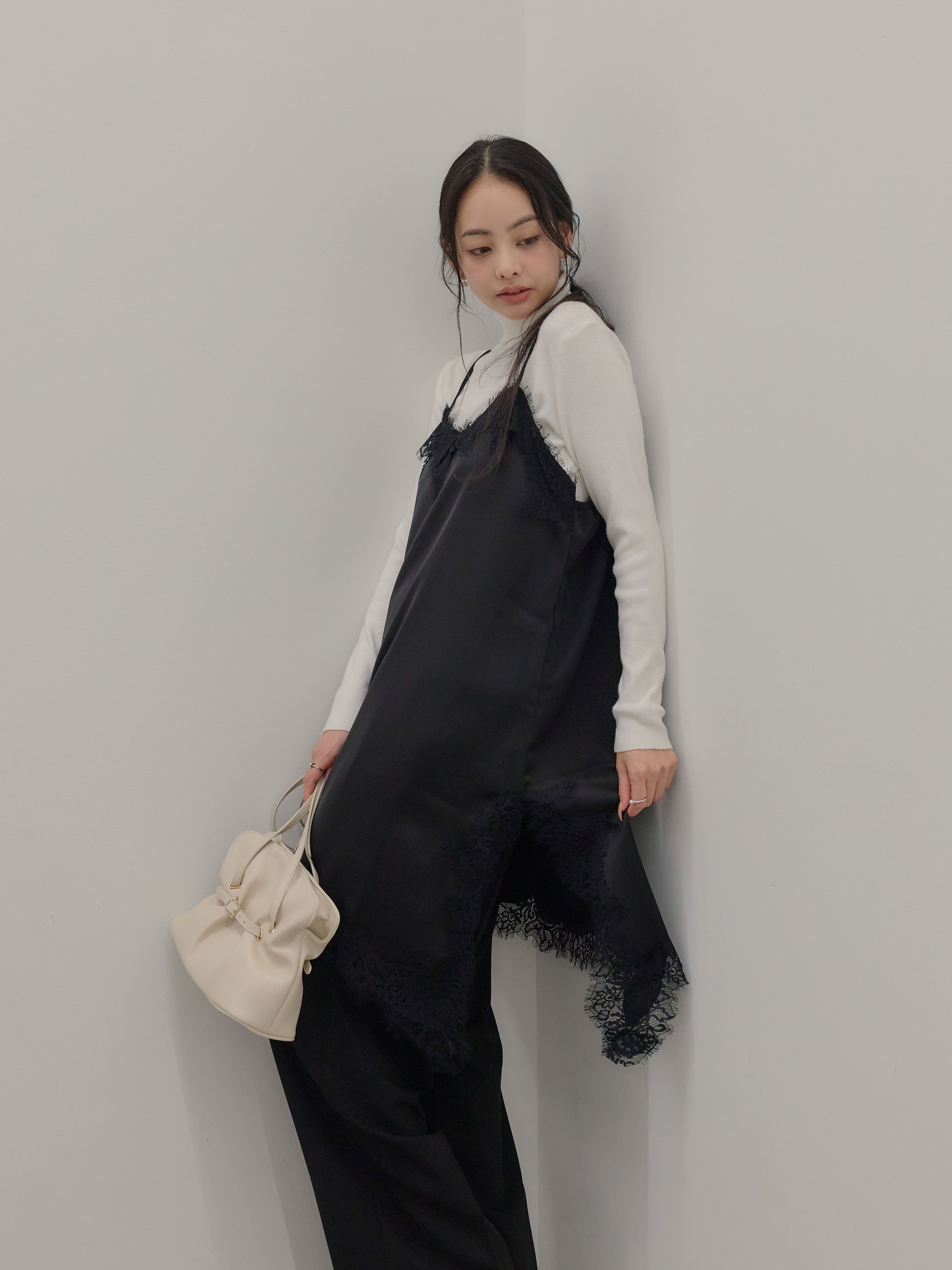 SET】アシンメトリーサテンレースキャミソール+ハイウエストセンター