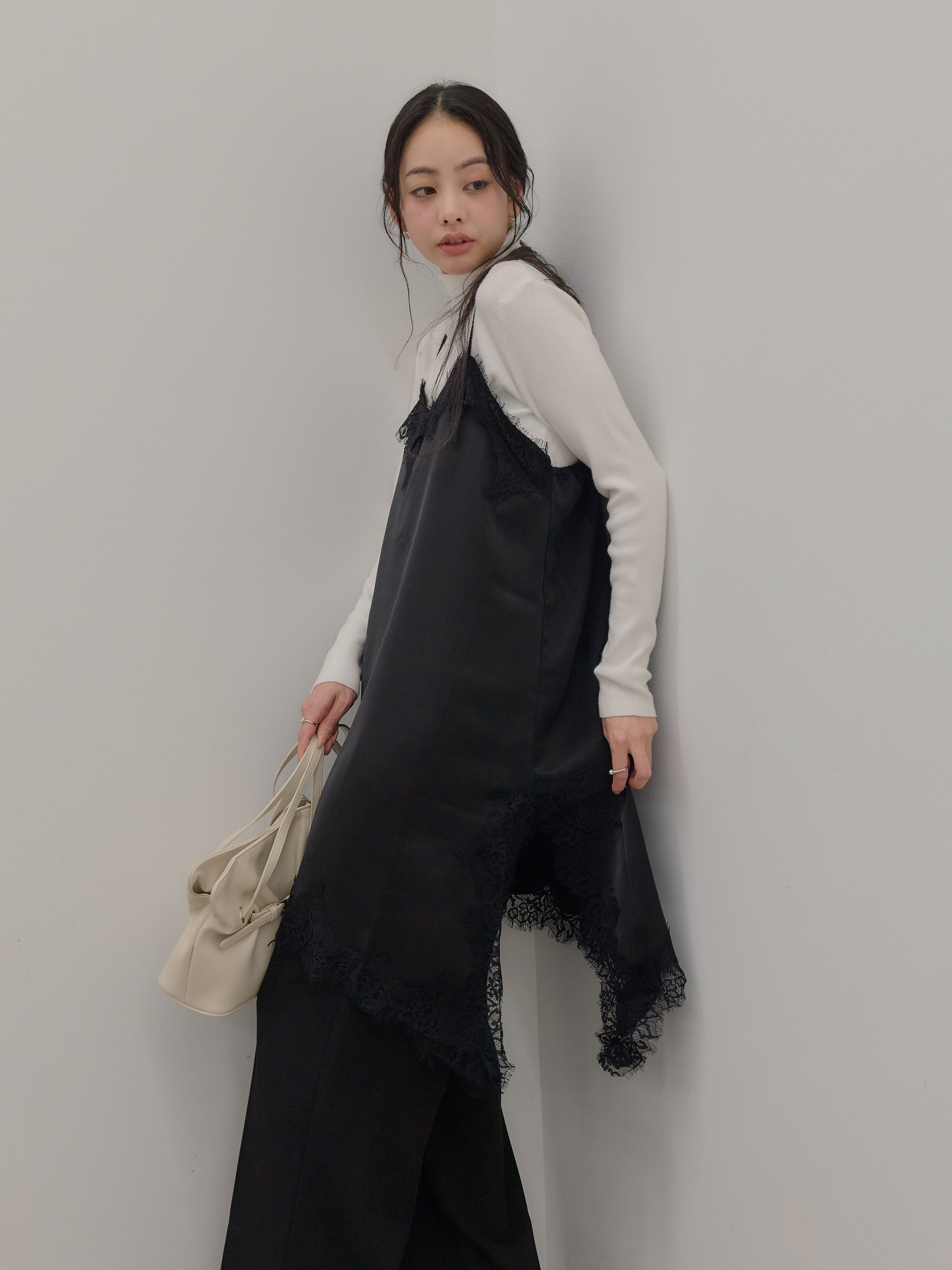 SET】ベーシックリブタートルネック+アシンメトリーサテンレース