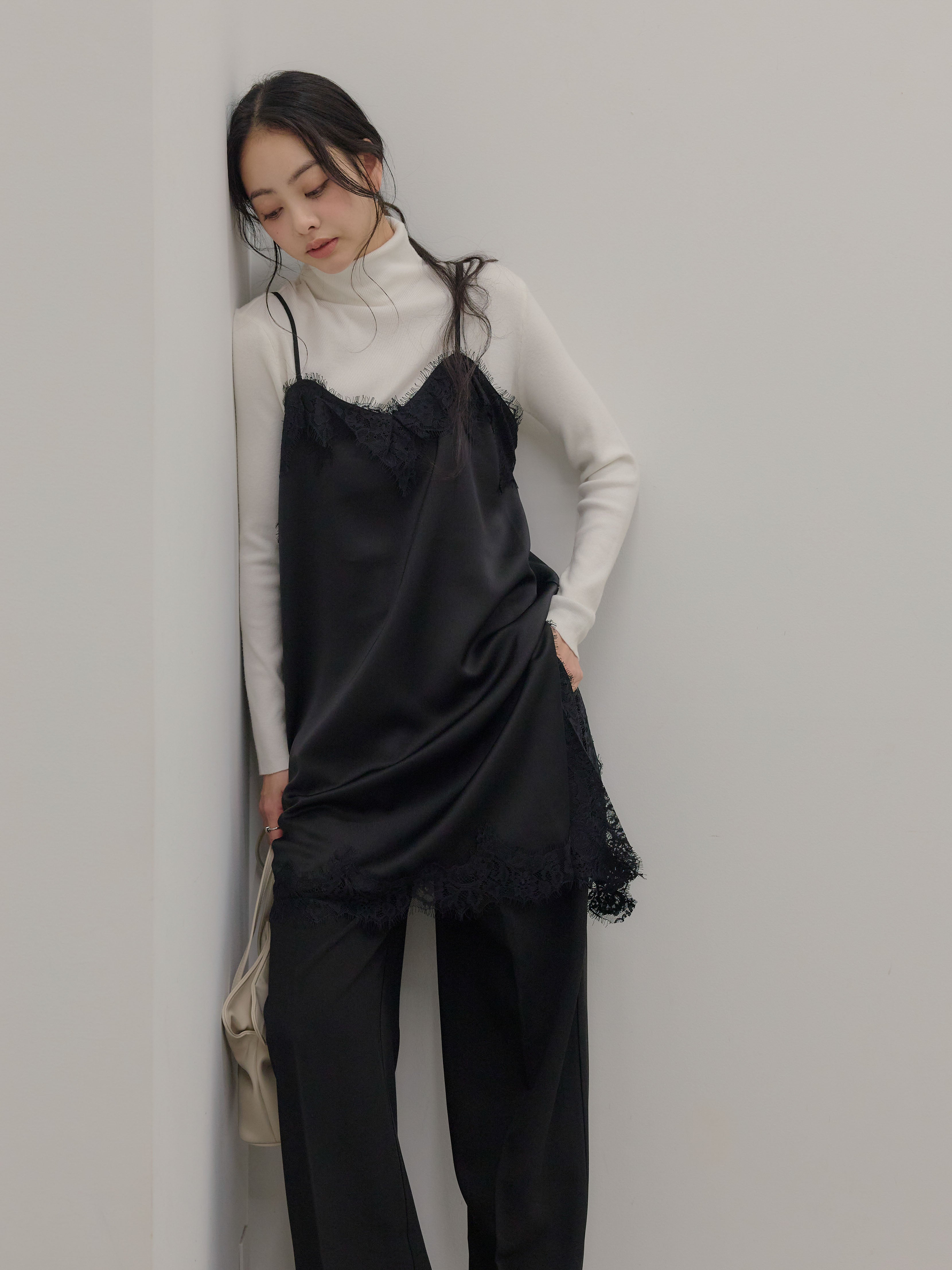 SET】ベーシックリブタートルネック+アシンメトリーサテンレース