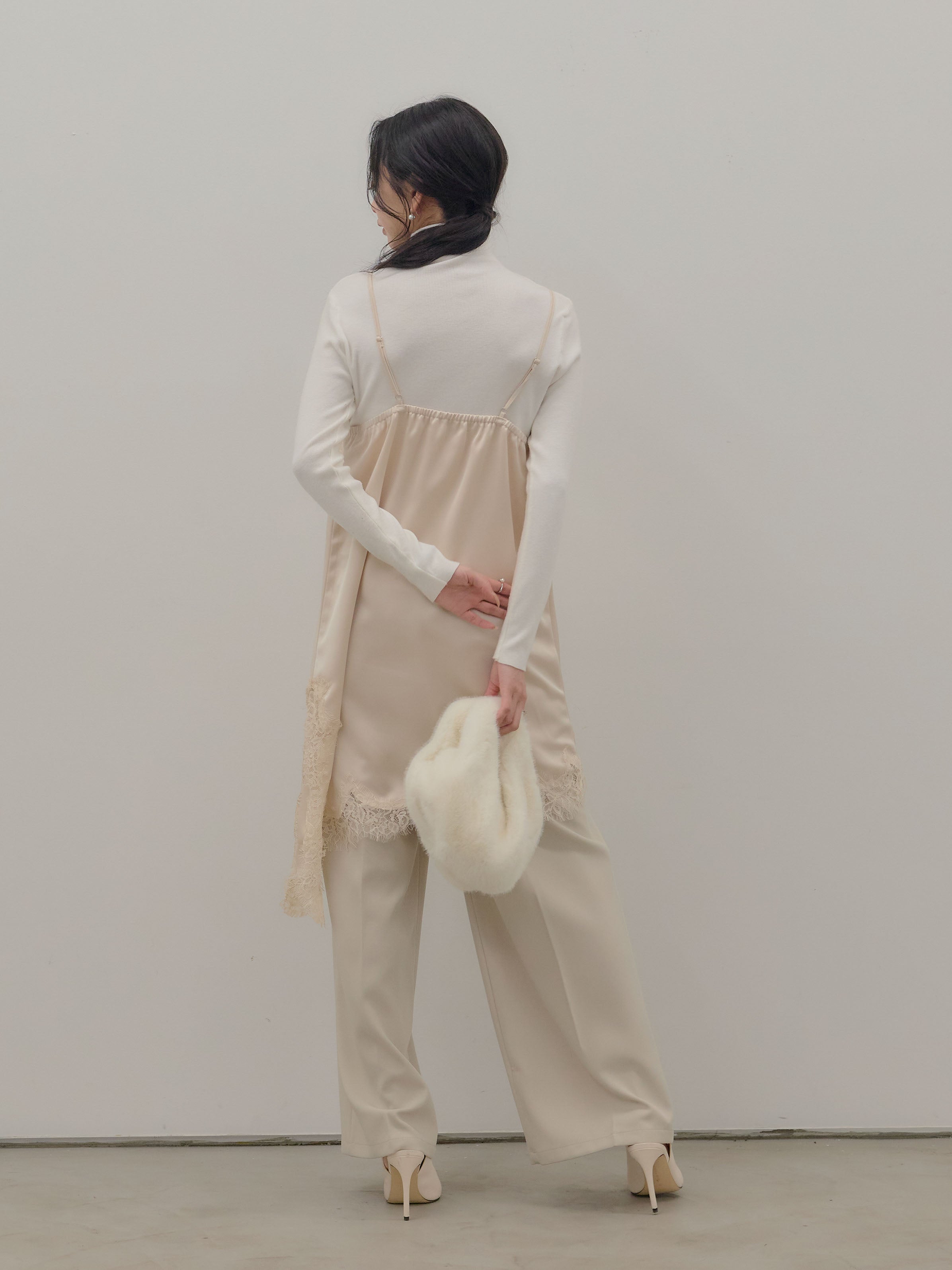 SET】アシンメトリーサテンレースキャミソール+ハイウエストセンター
