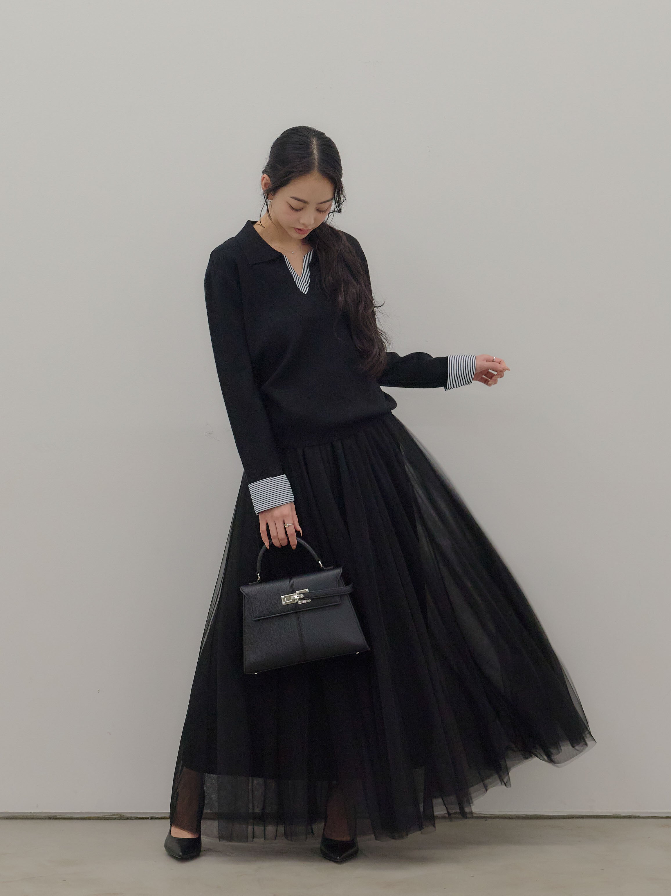 SET】シャツレイヤードデザインキーネックニットトップス+ボリューム SET】シャツレイヤードデザインキーネックニットトップス+ボリューム