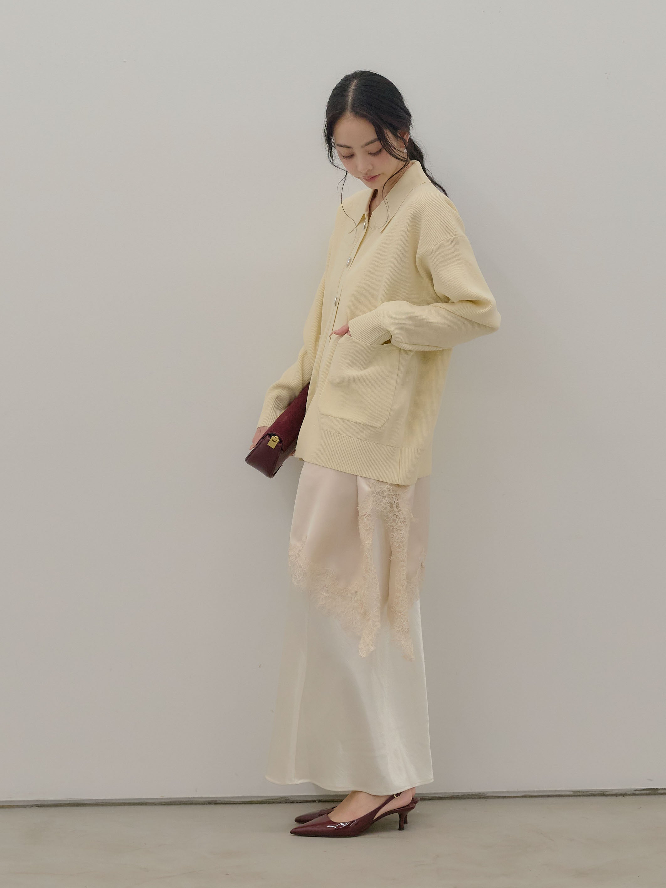 SET】ビッグサイズシルバーボタンニットカーディガン+リュクスAライン