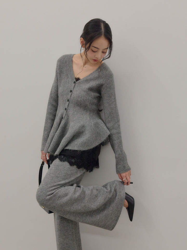 【SET】ペプラムニットトップス&パンツSET UP+レースサテンキャミソール(2set)