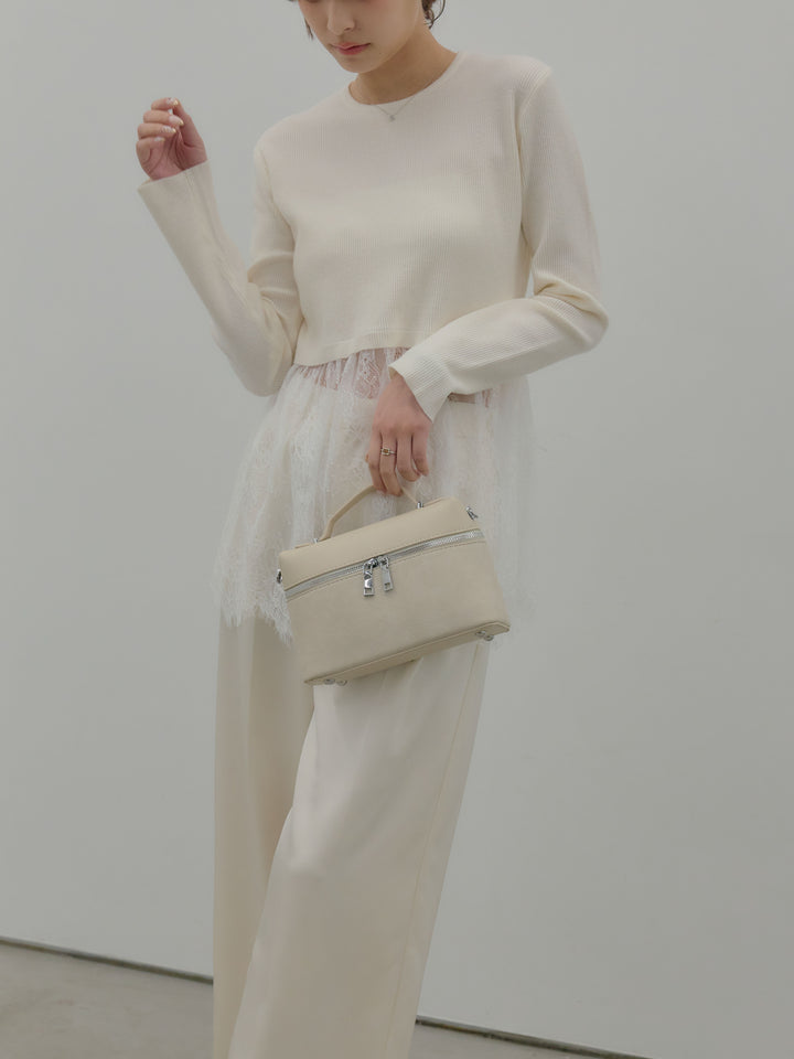 【SET】レースドッキングニットトップス+【Essential】センタープレスサテンパンツ(2set)