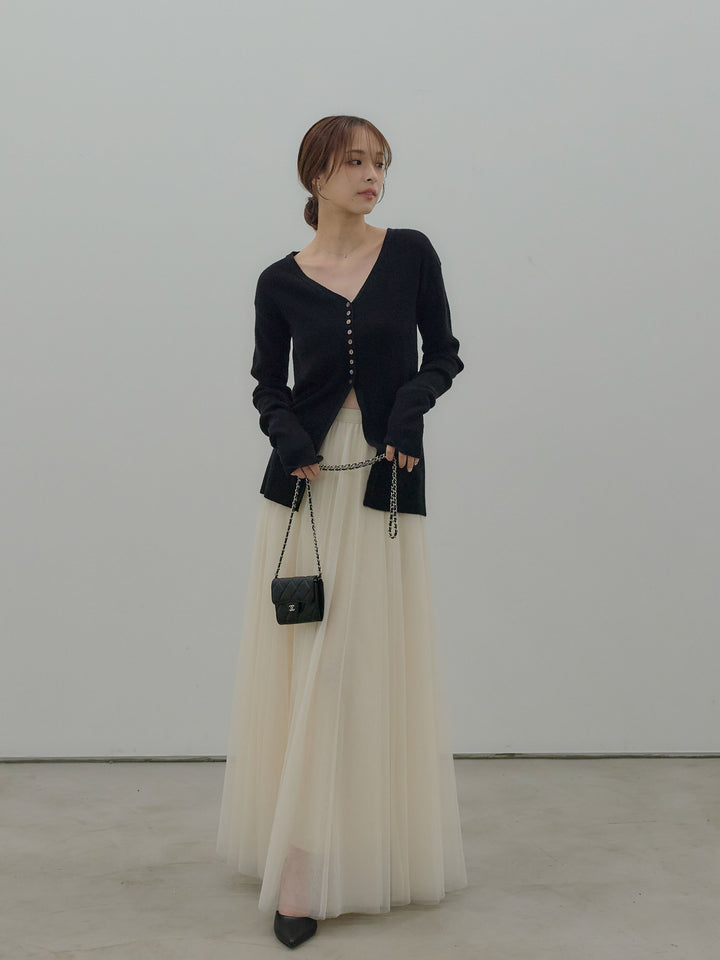 【SET】ソフトタッチVネックカーディガン+ボリュームチュールスカート(2set)