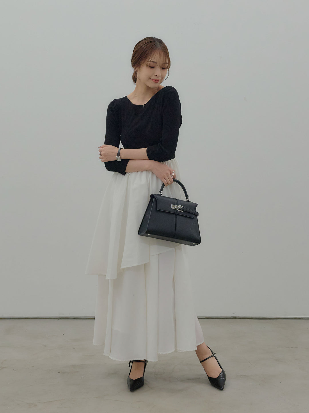 【Essential】7部袖リブドッキングワンピース