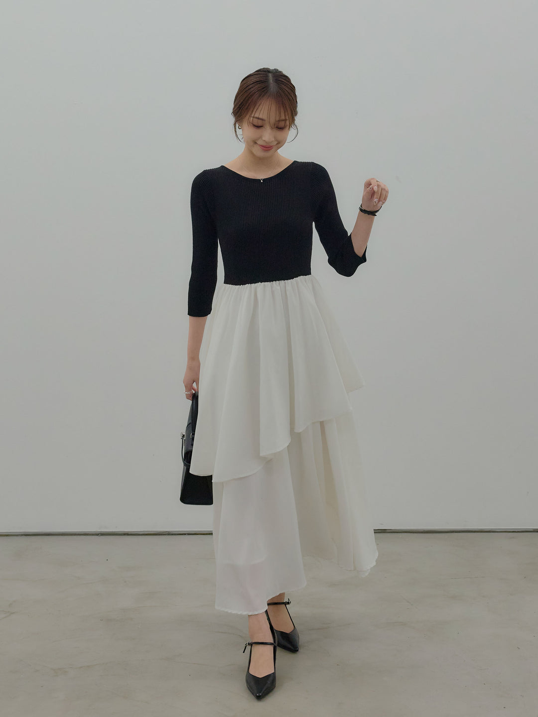 【Essential】7部袖リブドッキングワンピース