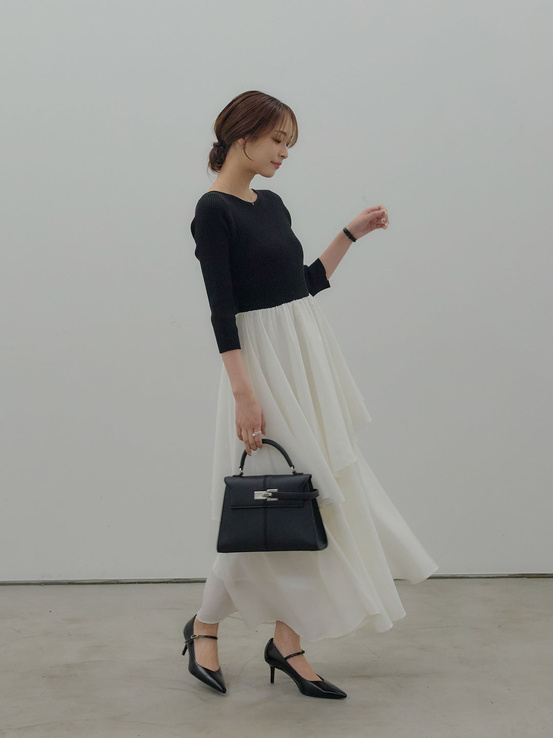 【Essential】7部袖リブドッキングワンピース